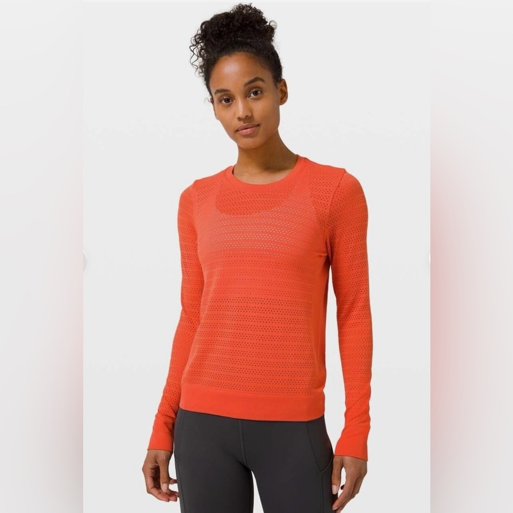 Lululemon Breeze By Orange Long Sleeve Squad Aries Seamless Crew Neck Top Size 4